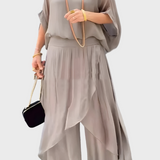 Chiffon Two-Piece Dress with Ripped Wide Pants