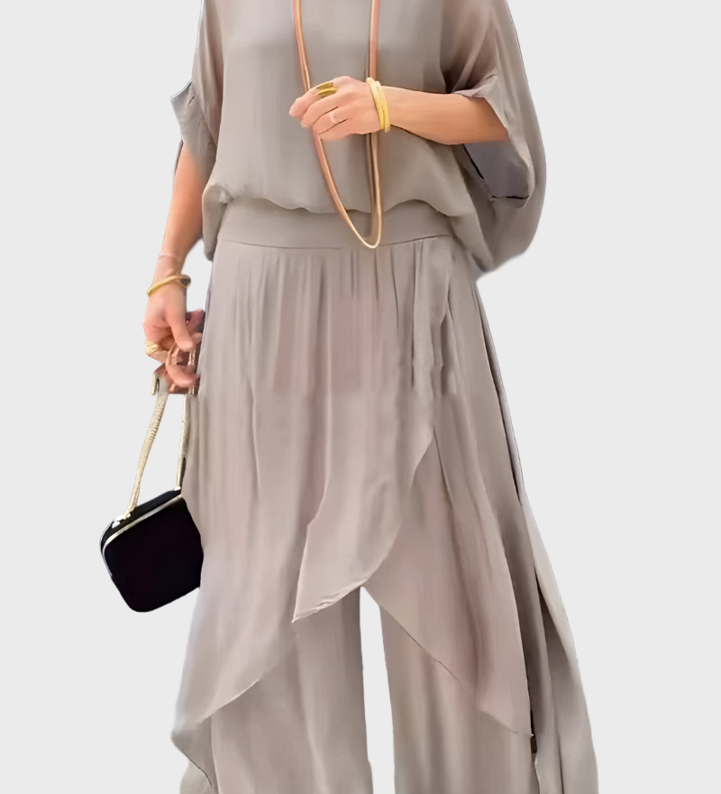Chiffon Two-Piece Dress with Ripped Wide Pants