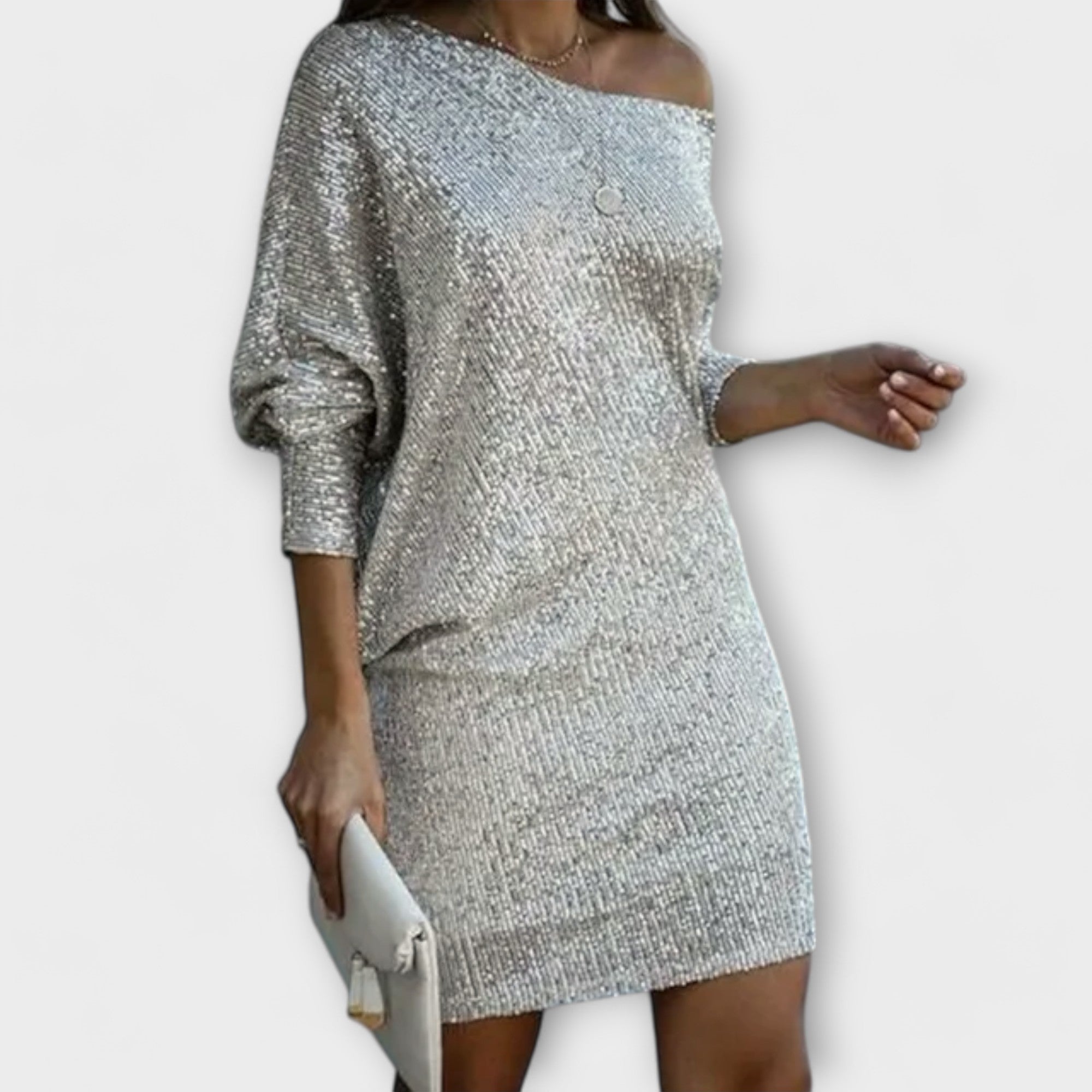 Jessica – Shiny Dress with Exposed Shoulders