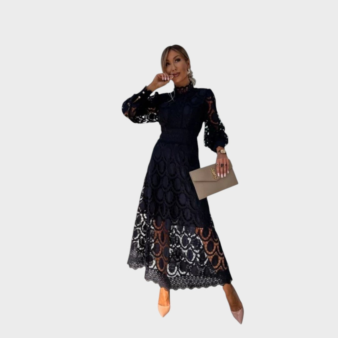 Danica - Lace Dress with Puff Sleeves and High Collar