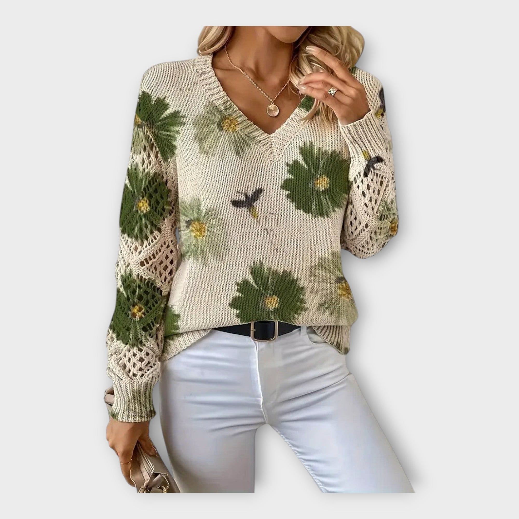 Knitted Sweater with Lace Decorative Details
