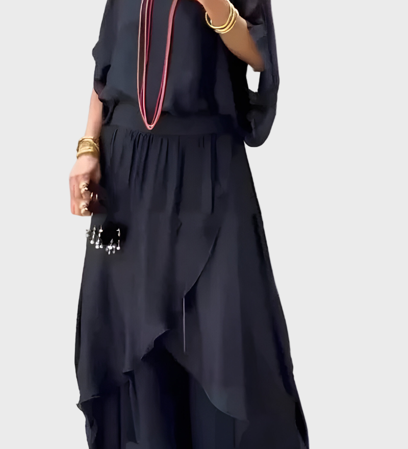 Chiffon Two-Piece Dress with Ripped Wide Pants