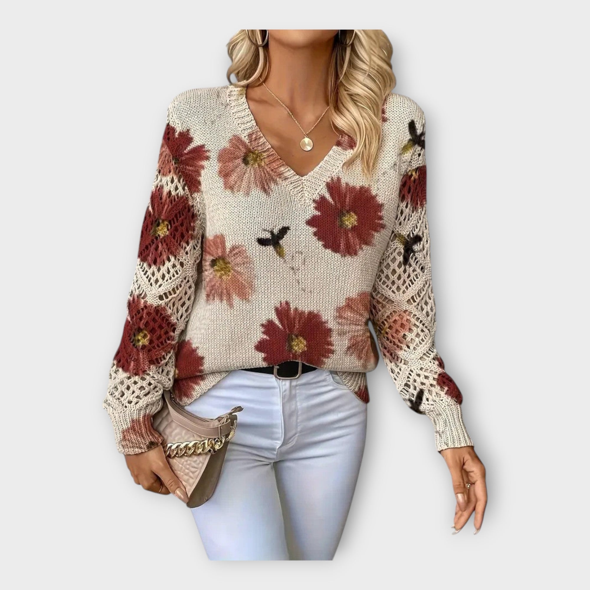 Knitted Sweater with Lace Decorative Details