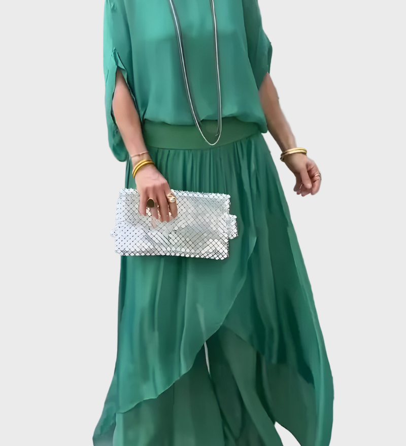Chiffon Two-Piece Dress with Ripped Wide Pants