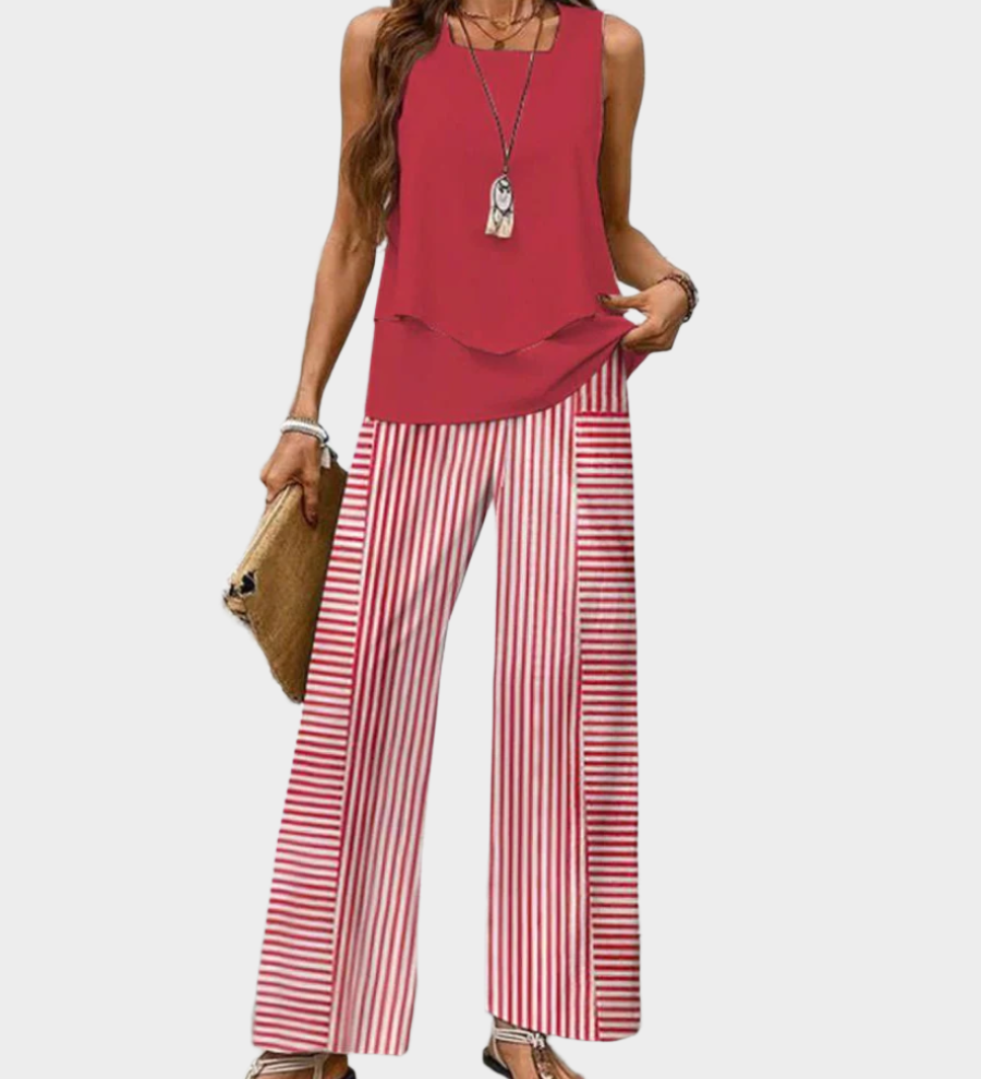 Summer Set with Sleeveless Jacket and Wide Patterned Pants