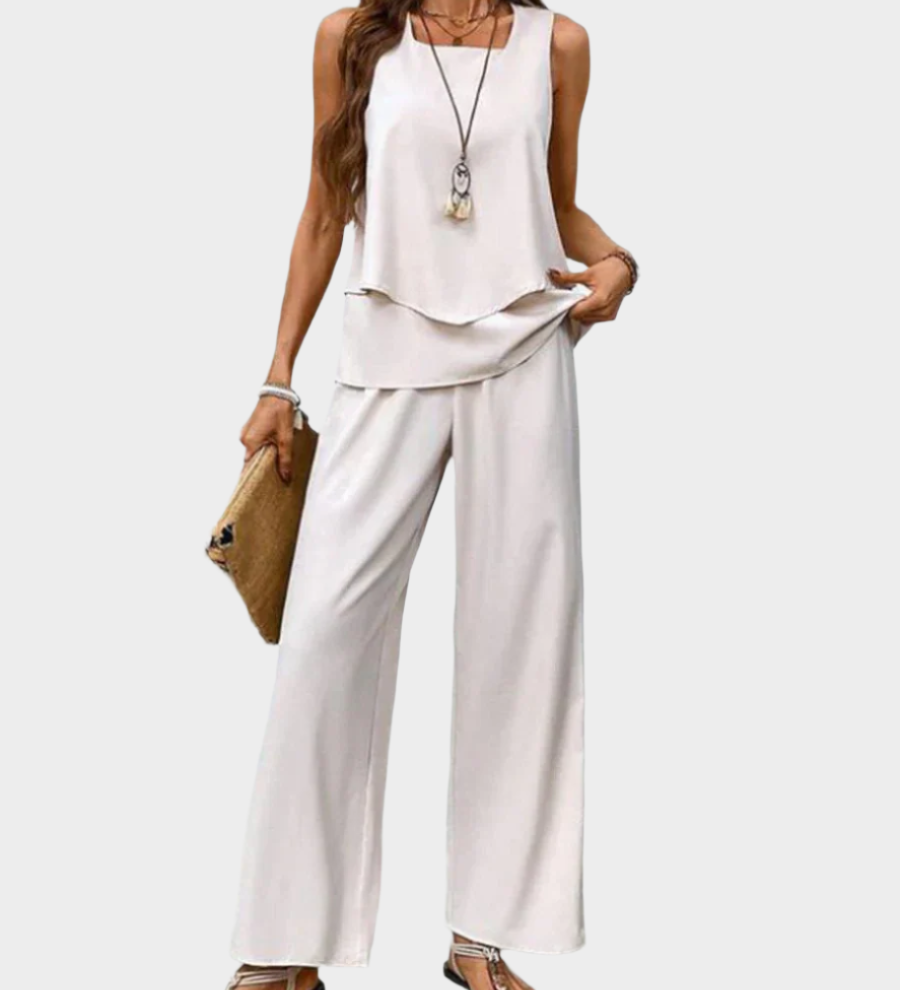 Summer Set with Sleeveless Jacket and Wide Patterned Pants