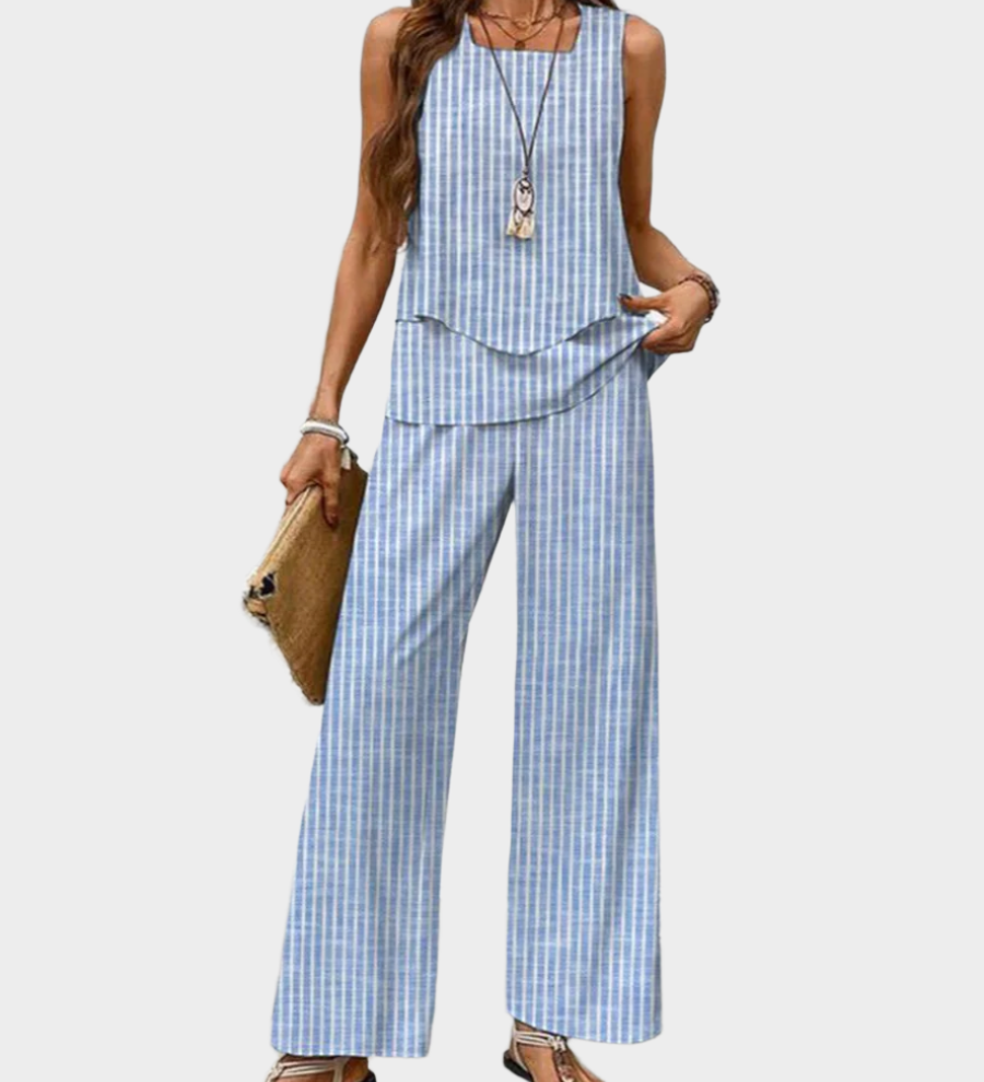 Summer Set with Sleeveless Jacket and Wide Patterned Pants