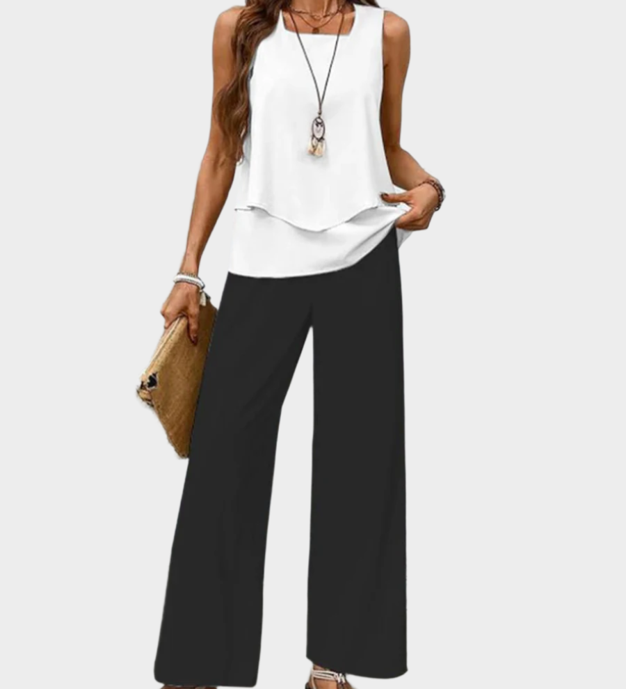 Summer Set with Sleeveless Jacket and Wide Patterned Pants