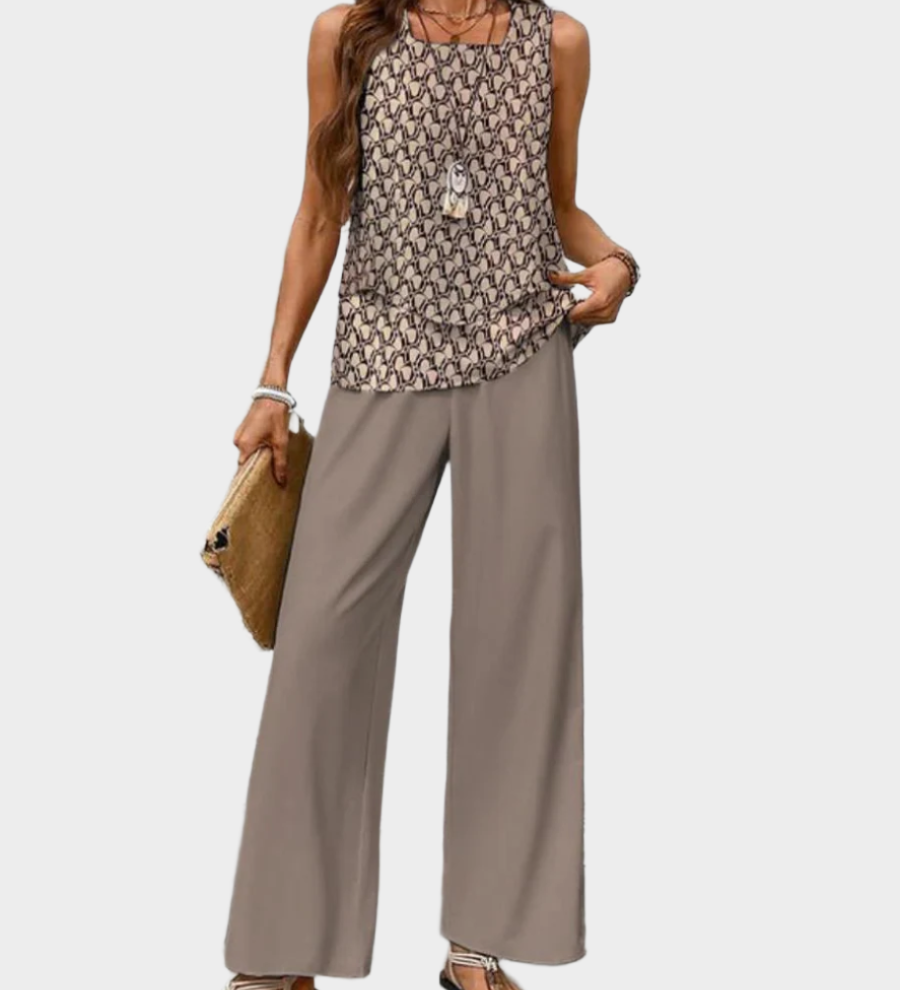 Summer Set with Sleeveless Jacket and Wide Patterned Pants