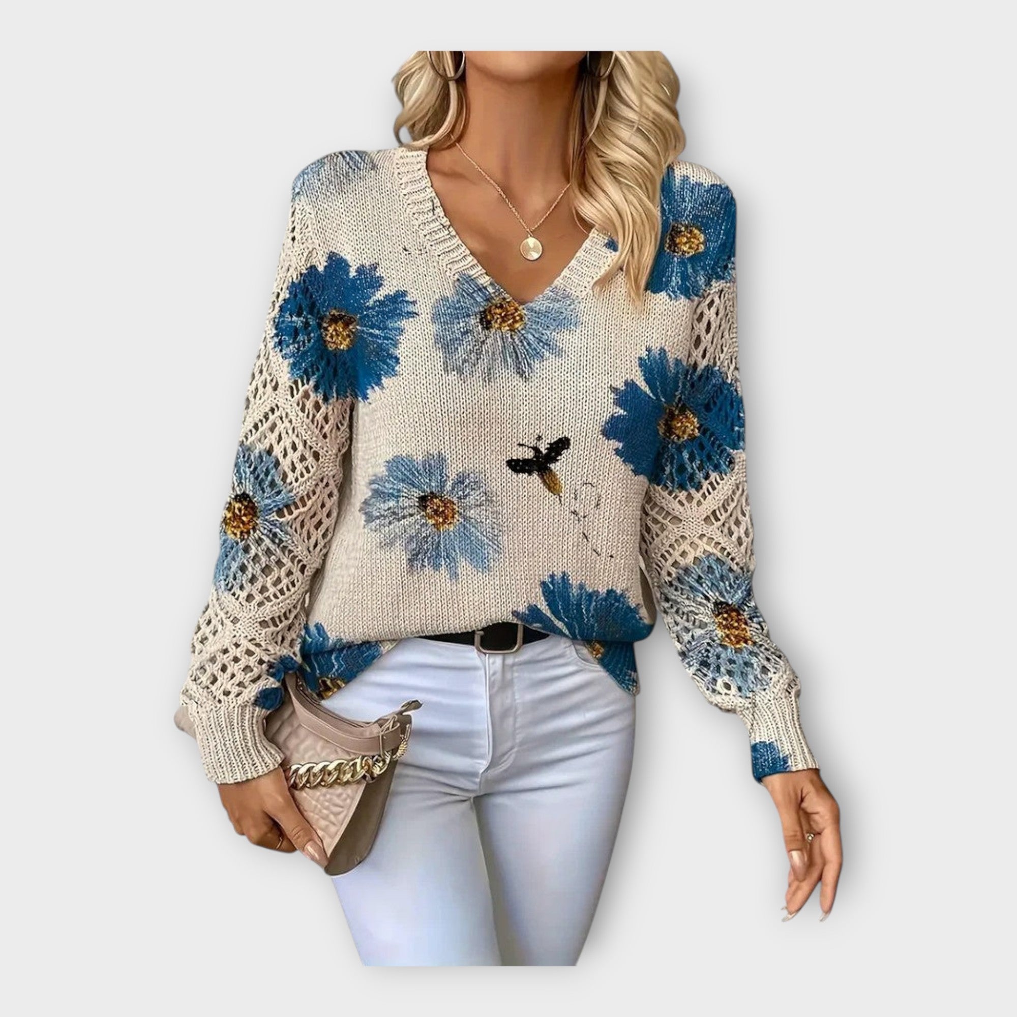 Knitted Sweater with Lace Decorative Details