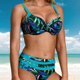 Daisy - High-waisted bikini with leaf print