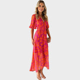 Ranka - Floral Midi Dress with Gathered Sleeves and V-Neck
