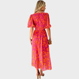Ranka - Floral Midi Dress with Gathered Sleeves and V-Neck