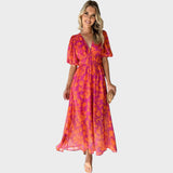 Ranka - Floral Midi Dress with Gathered Sleeves and V-Neck