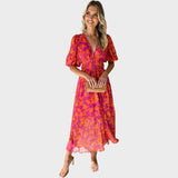Ranka - Floral Midi Dress with Gathered Sleeves and V-Neck