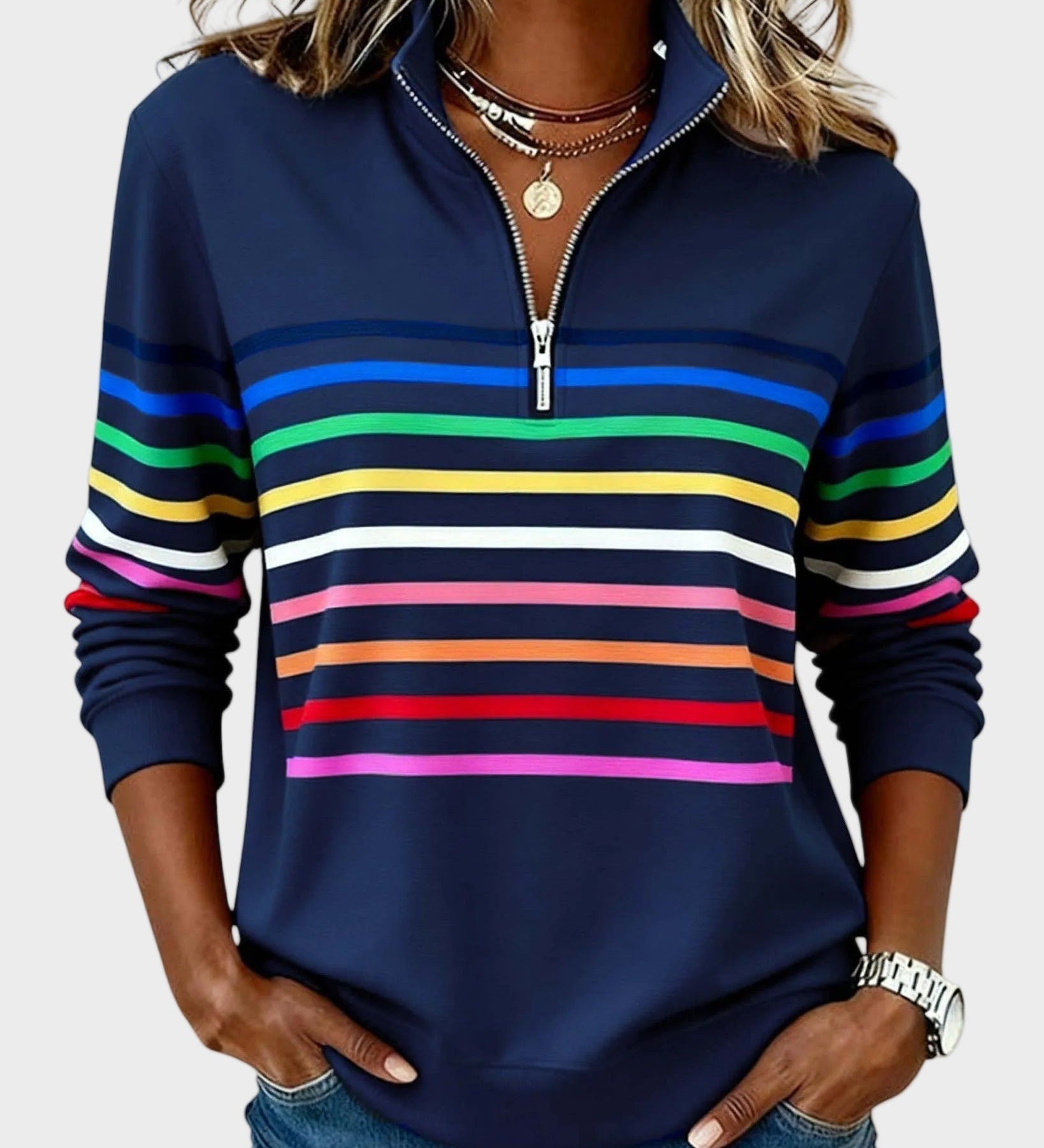 Jana - Pullover with Zipper and Rainbow Stripes