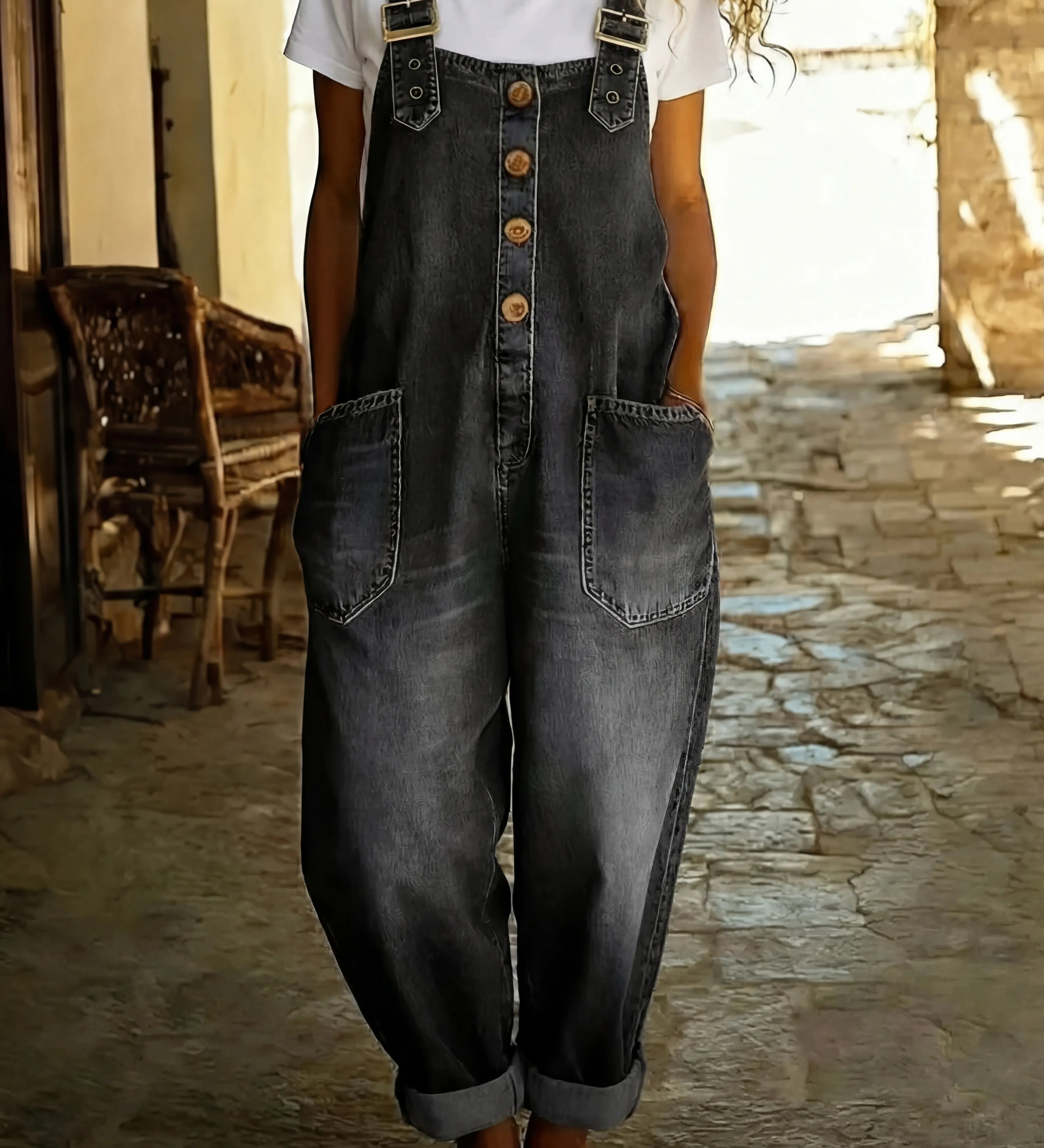 Rocio™ – Relaxed denim jumpsuit with adjustable buckle
