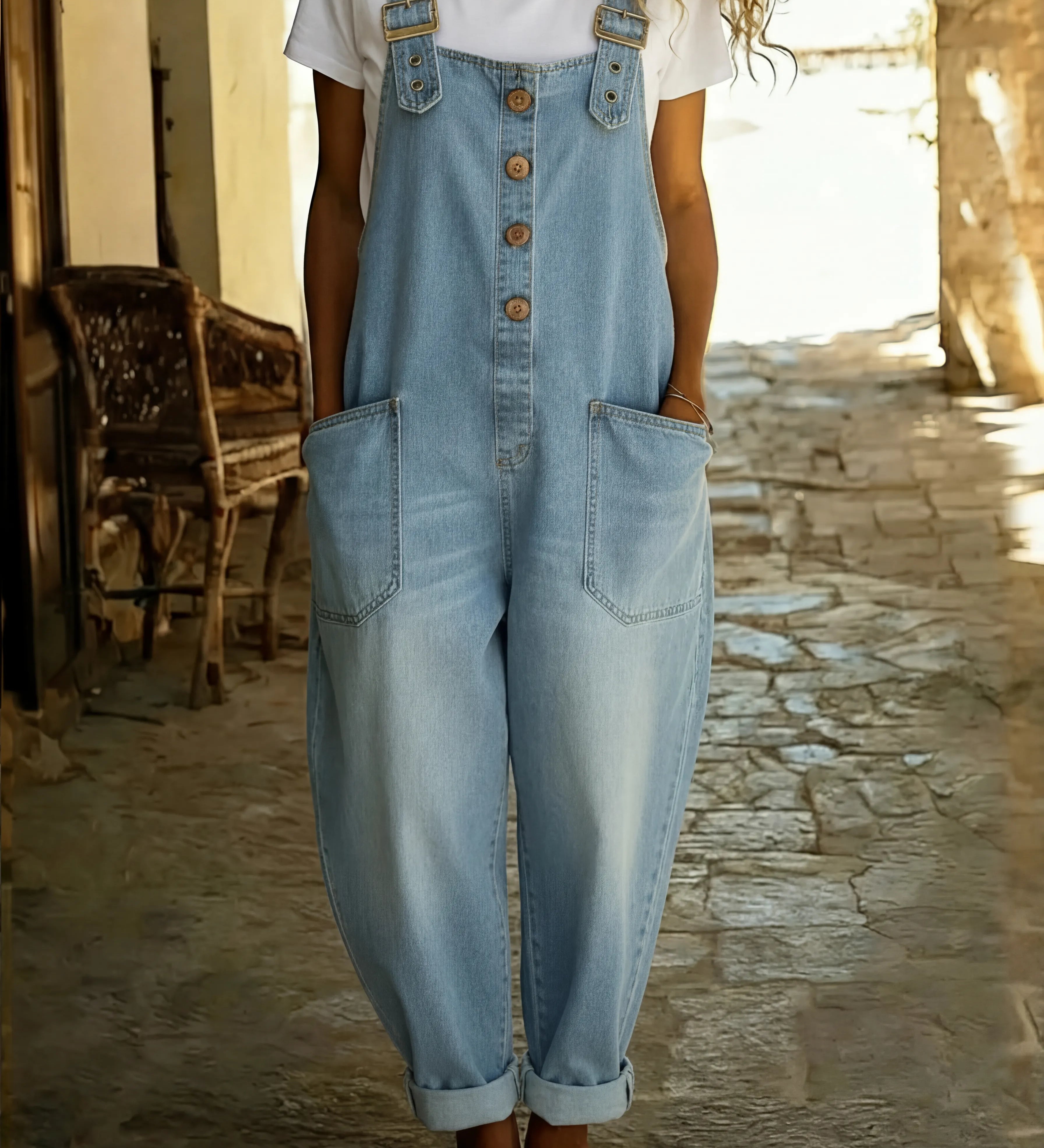 Rocio™ – Relaxed denim jumpsuit with adjustable buckle
