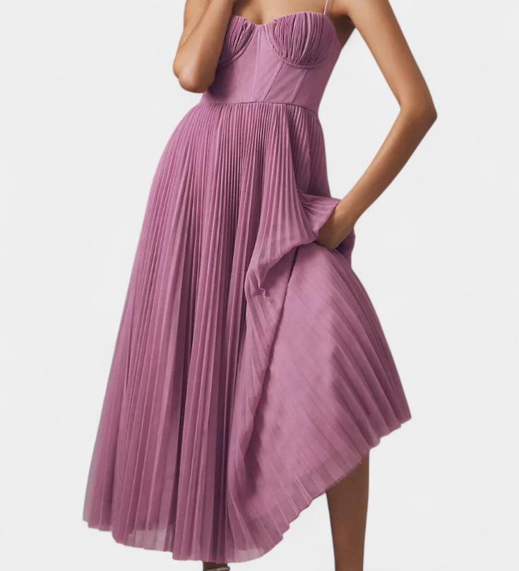 Nives - Pleated chiffon dress with sweetheart neckline and structured corset