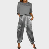 Satin Set with Loose-Fit Blouse and Cargo Pants