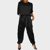 Satin Set with Loose-Fit Blouse and Cargo Pants