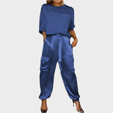 Satin Set with Loose-Fit Blouse and Cargo Pants