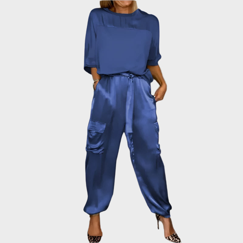 Satin Set with Loose-Fit Blouse and Cargo Pants