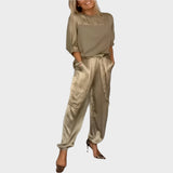 Satin Set with Loose-Fit Blouse and Cargo Pants