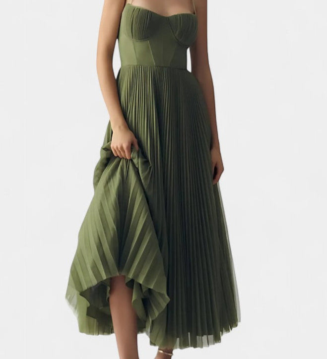 Nives - Pleated chiffon dress with sweetheart neckline and structured corset